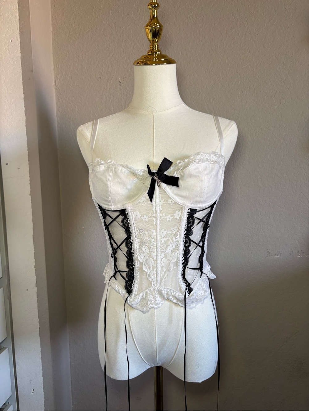 White Lace Corset Teddy with Black Trim